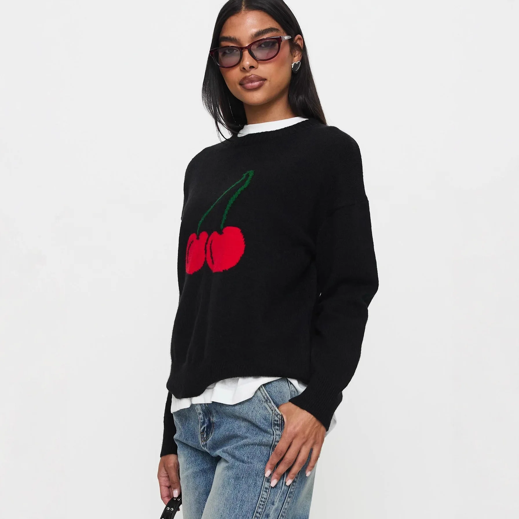 Women's New Round Neck Knit Sweater Loose Fit Cherry Print Top Cozy Oversized Long Sleeve Trendy Lazy Chic Style Soft Wool Blend