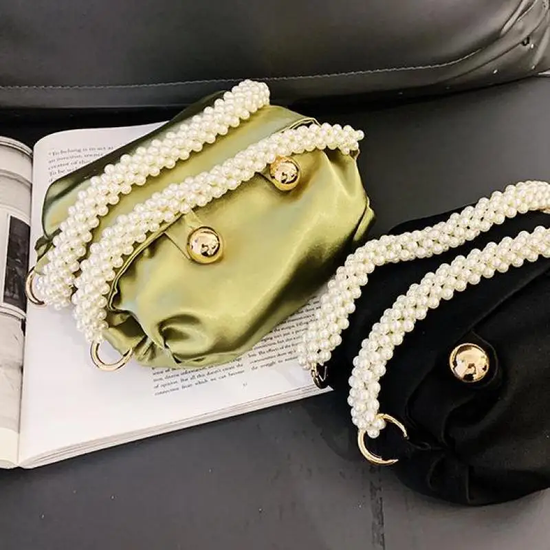 Light Luxury Fashion New Satin Silk Pearl Handle Women's Handbag High Sense Evening Dress Banquet Lipstick Cosmetics Storage Bag