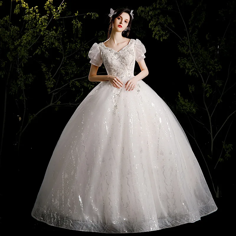 Puff Sleeve Ball Gown Vestidos De Novia Wedding Dresses Backless Beading Design Lace Wedding Gown