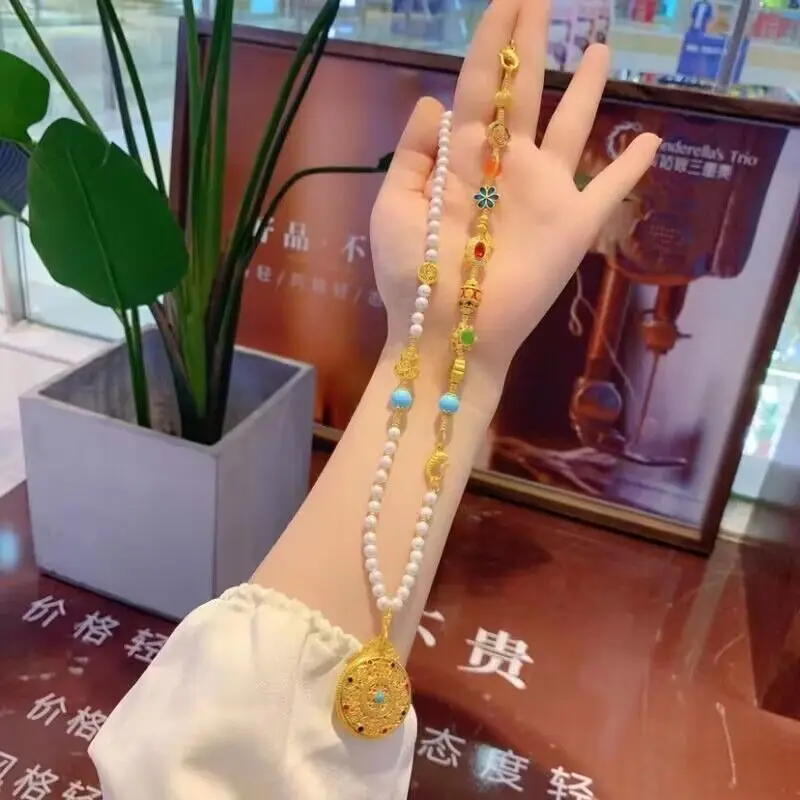 Flower Silk Ancient Gold Wufu Hollow Disc Long White Bead Necklace New Chinese Hanfu Accessories Women