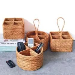 Handmade Rattan Woven Countryside Square Living Room Desktop Creative Storage Basket Mobile Phone Storage Rack Circular