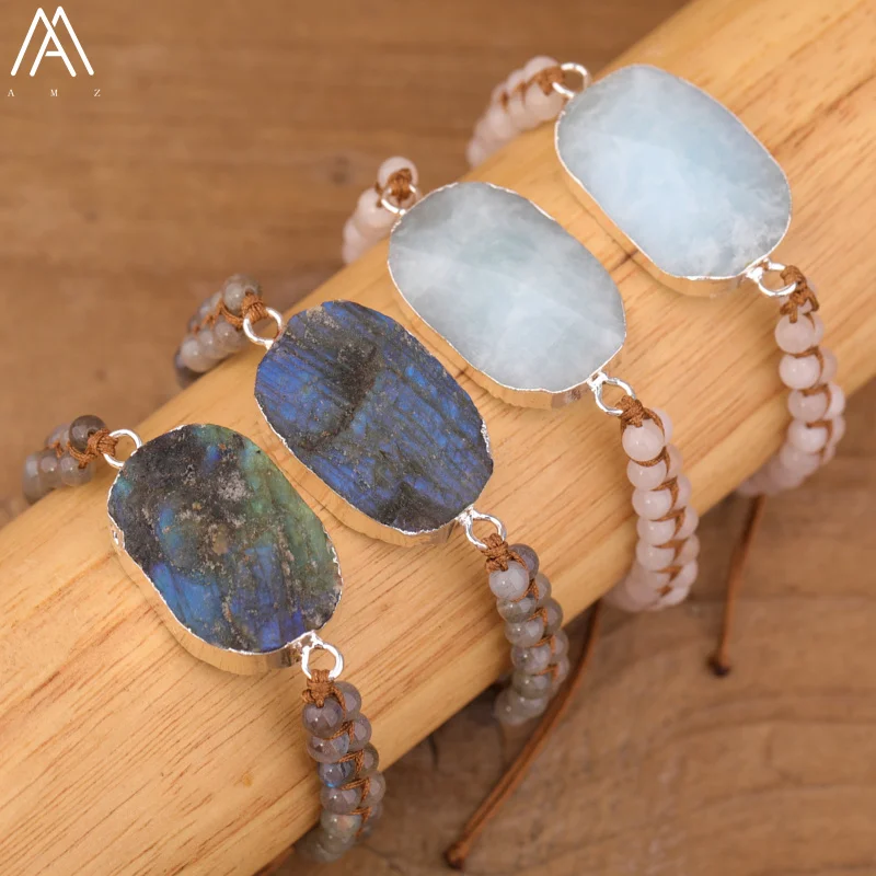 Luxury Women Labradorite Stone Braided Bracelet Natural Aquamrtine Crystals Handmade Bracelet Boho Teengirl Jewelry Gift Bijoux