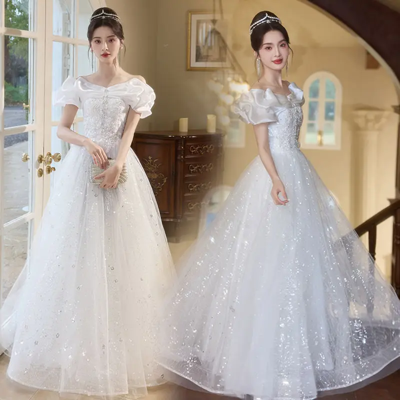 

Ele White Evening Gown for Bride Host High-End Luxury New 2025 Wedding Dr Korean Sle Belted Long Skirt ort Sve