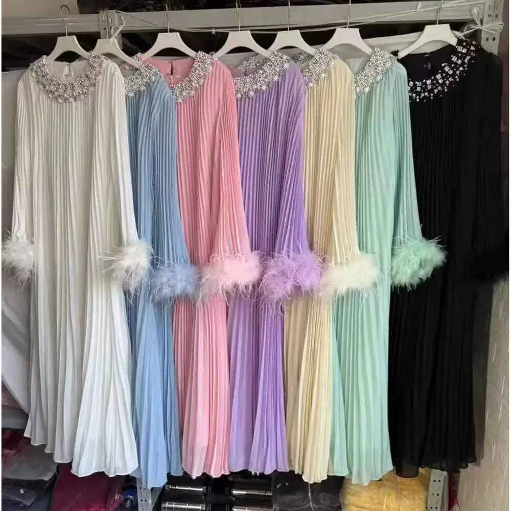 

Crystal Autumn Long Sleeve Chiffon Dresses Women Luxury Formal Evening Dress Loose A Line Beading Ostrich Feather Party Vestidos