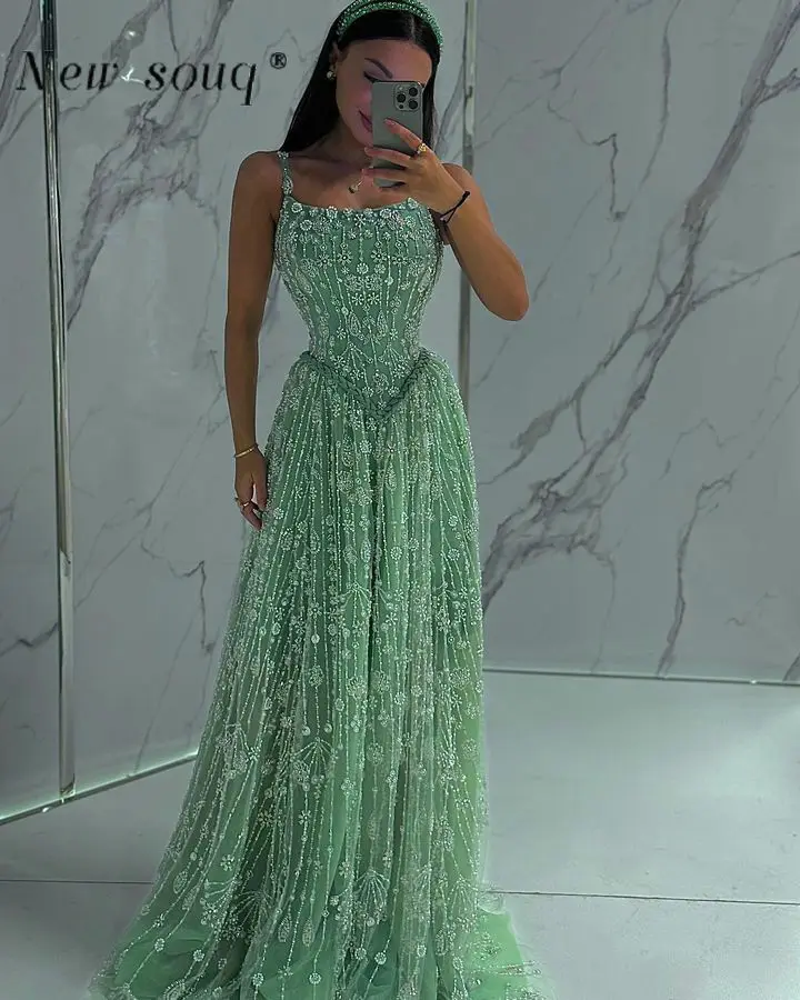 Sage Green Spaghetti Strap Evening Dresses A Line Beaded Sequin Formal Wedding Party Gowns Elegant for Women Customized