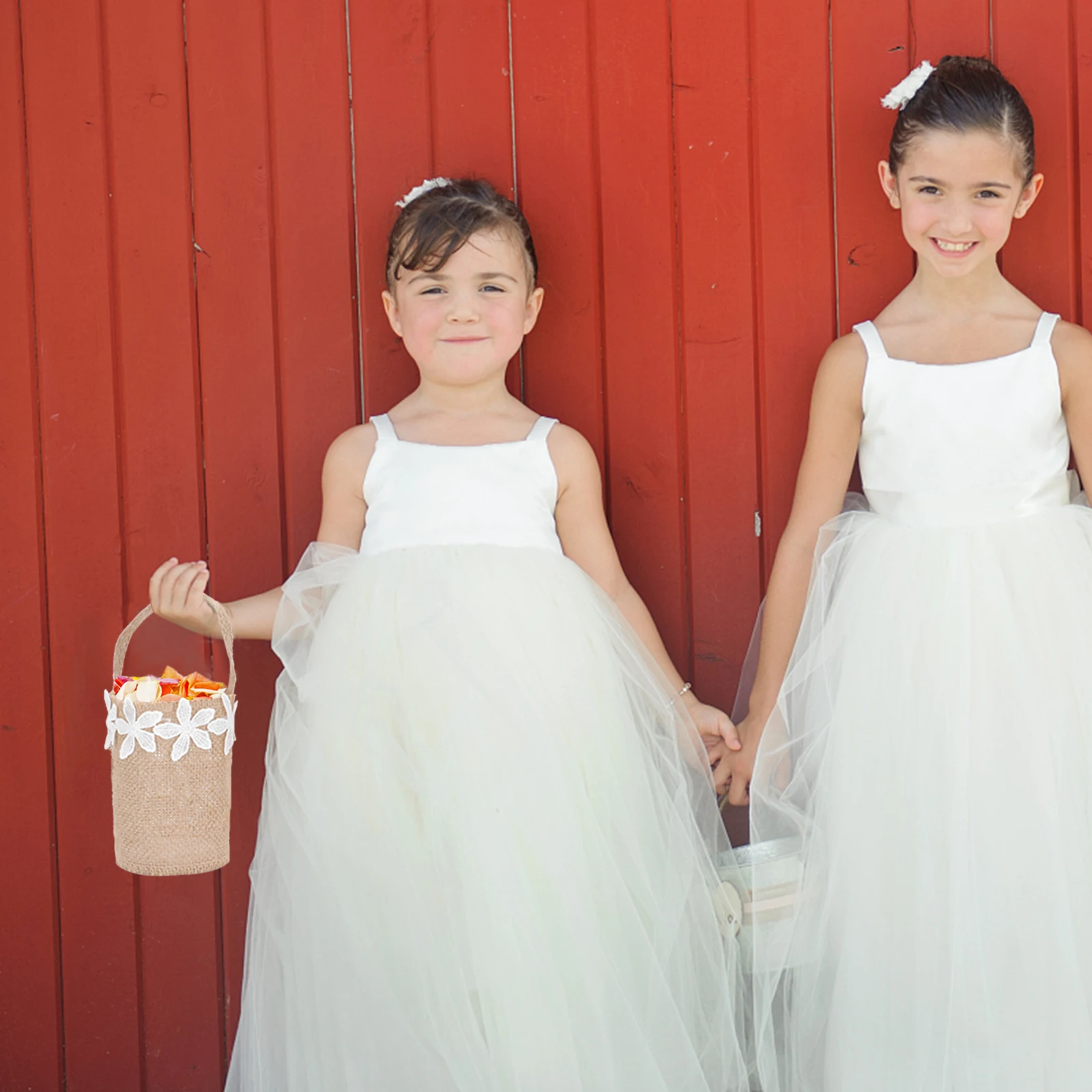 

2 Pcs Children H held Flower Basket White Linen Wedding Decor Baskets Portable Storage Banquet Event Gift Holder