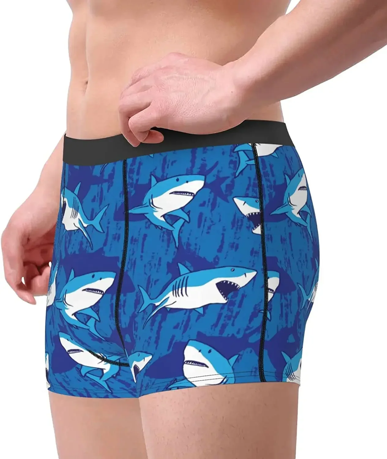 Men\'s Breathable Boxer Briefs Cute Blue Shark Comfort Soft Stretch Underwear Trunks with Bulge Pouch for Men Boys