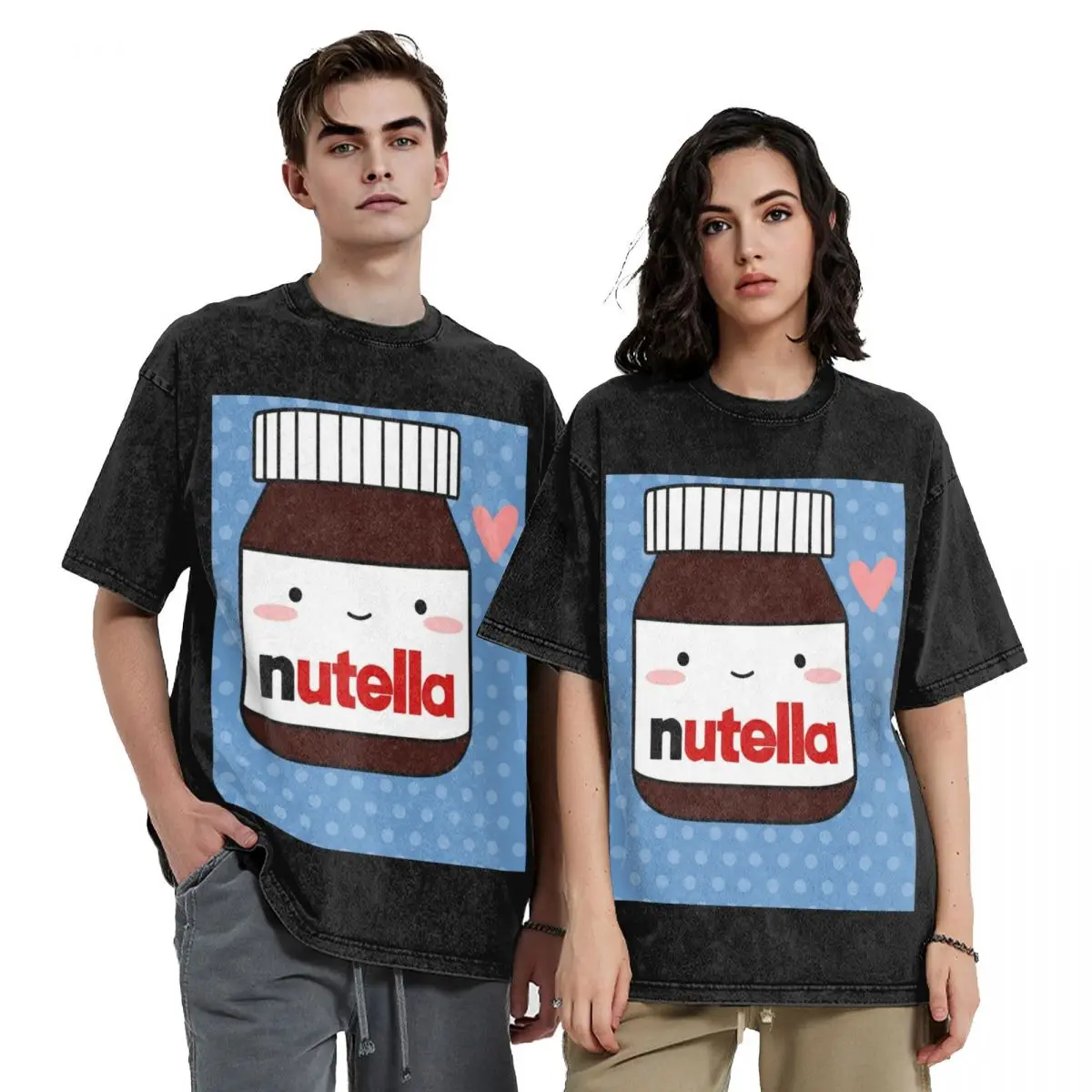 Cute Nutella Jar Washed T Shirts Harajuku Short Sleeve Hip Hop T-Shirt Streetwear Tops Tees for Men Women