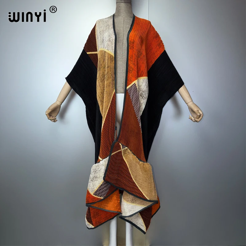 كيمونو نسائي من WINYI بتصميم مطبوع وطيات، معطف طويل، عباية دبي فاخرة، ملابس شاطئية، فستان بوهو، كافتان. 16