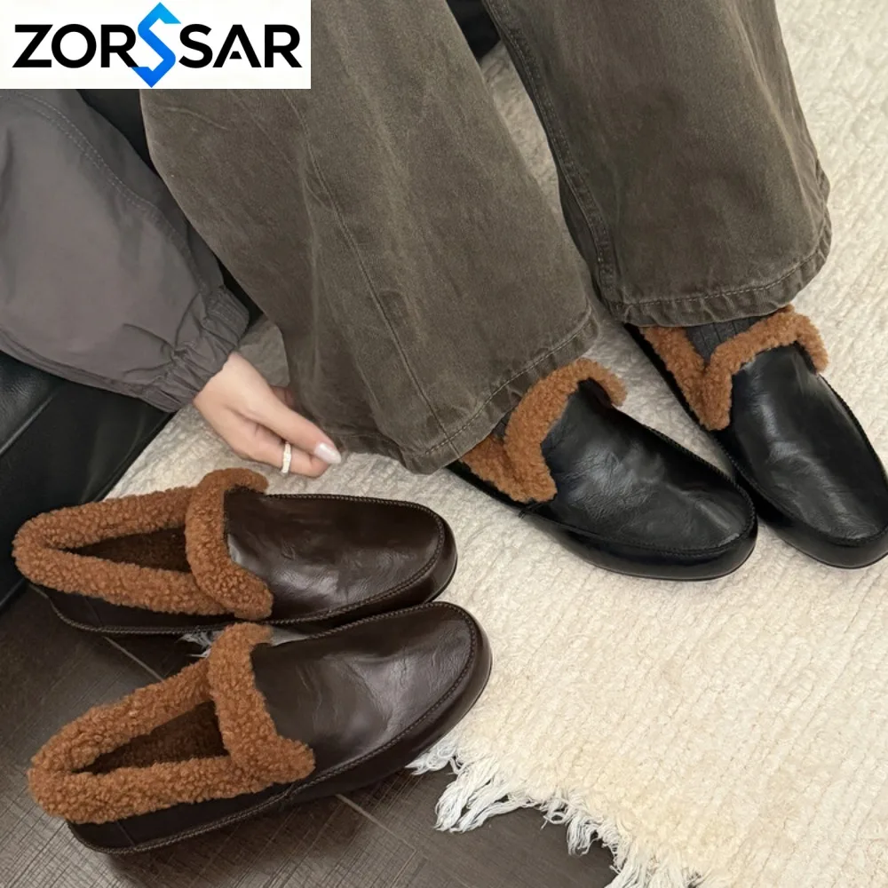 New Women's Plush Loafers Genuine Leather Round Toe Slip-on Casual Flat Shoes Wool Warm Winter Shoes Outdoors Walk Shoes Women