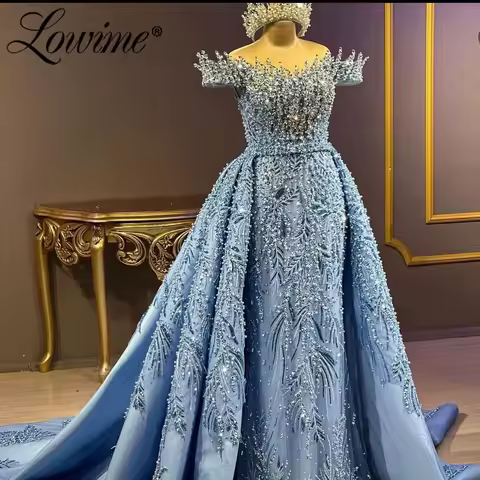 Blue Red Prom Dresses 2025 Arabic Evening Dress Customized Crystals Beaded Long Wedding Party Dress With Detachable Skirt Robes