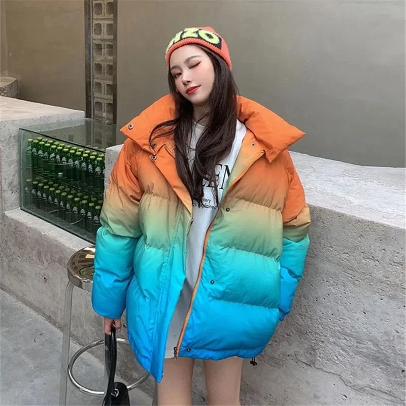 Korean Hooded Gradient Color Puffer Jacket Women New Fashion Casual Loose Zip-up Coat Ladies 2024 Winter Thick Warm Parka Outwea