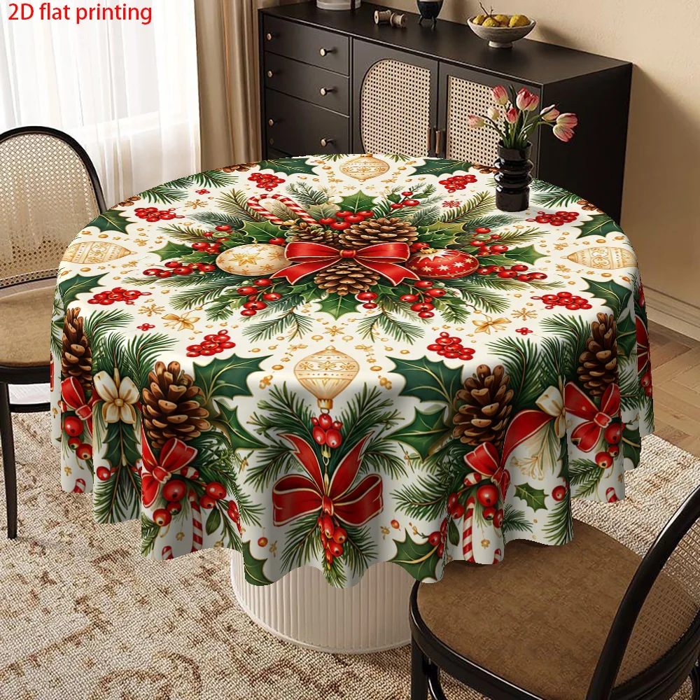 1-Pack, 2D Flat Print Christmas Themed Round Tablecloth