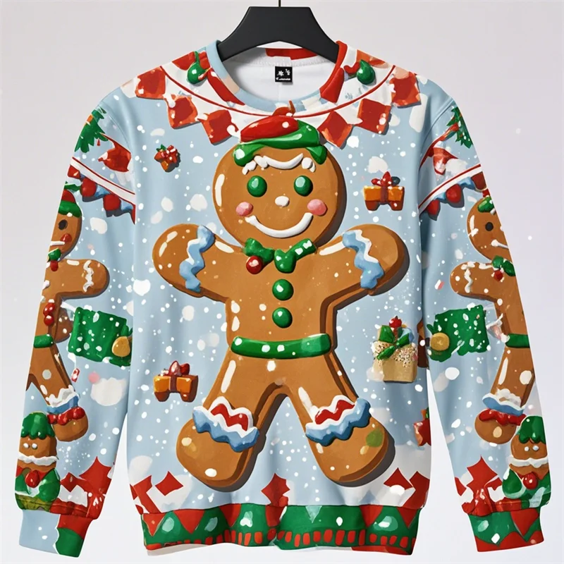 

New 3D Printing Gingerbread Man Sweatshirts Happy New Year Round Neck Hoodie Pullover Fashion Ugly Christmas Sweatshirt Men Tops