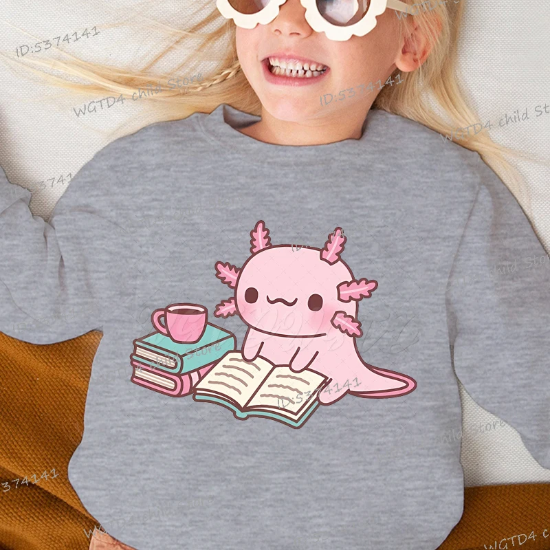 Cartoon Axolotl Read Book Sweatshirts Funny Axolotl Coffee Pullover Long Sleeve Axolotl Trend Bookishness Boys Girls Sportswear