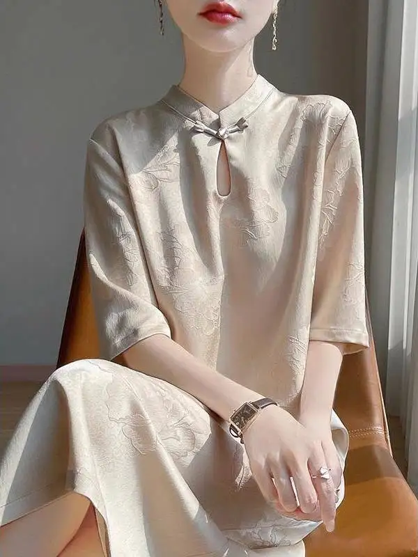 봄 여름 신상 루즈 실크 새틴 롱 드레스 여성용 중국식 스탠드 칼라 오부 소매 꽃 자수 A라인 드레스