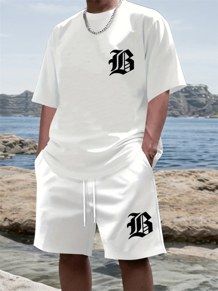 

Men Casual Black TShirt Shorts Set Bold "B" 3D Print Tracksuit Summer Streetwear Men Sportwear Outdoor Shorts Sleeve Set 2 Piece
