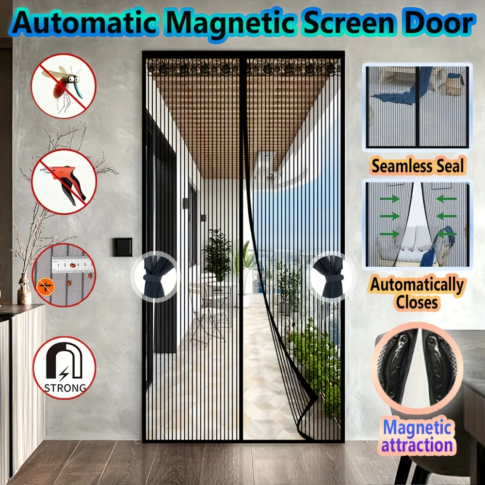 Striped Magnetic Screen Door | Black Lace Door Head, High-Density Polyester Mosquito Net Curtain with Automatic Closing Feature