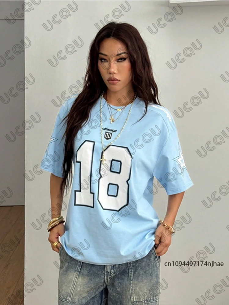 Novedad de verano, camiseta Retro azul con estampado de Chicago 18 para mujer, camiseta deportiva de fútbol de manga corta con cuello redondo, camisetas holgadas de gran tamaño Y2K