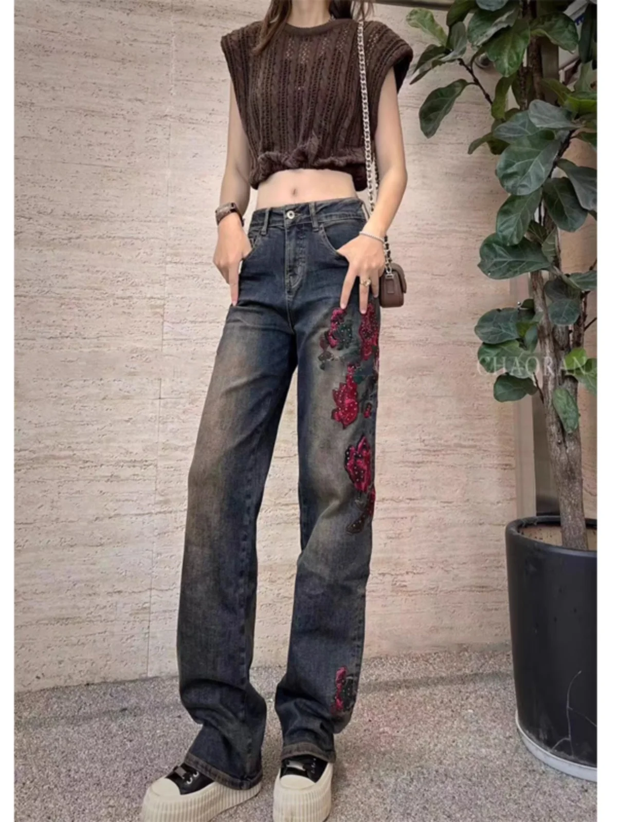 

Fashionable Straight Leg Wide Footed Jeans Heavy Embroidery Decorated Versatile High Waist Long Pants Casual Style Denim Fabric