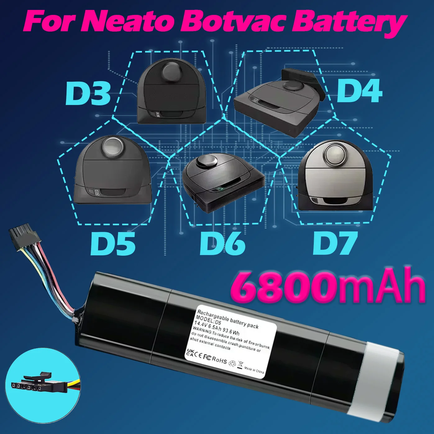 

Replacement Battery For Neato D3 D4 D5 D6 D7 Robotic Vacuum Cleaners 14.4V 6500mAh Li-Ion Battery,Part Number: 945-0225