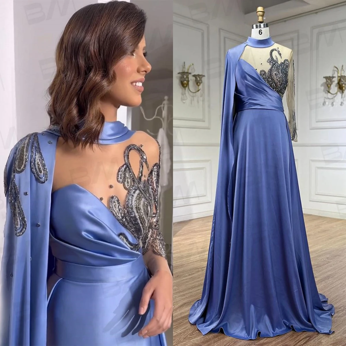 Robe de Soirée Élégante en Satin pour Occasions Formelles, Tenue de Bal de Forme Trapèze, Perlée, Col Haut, Cape, Maxi