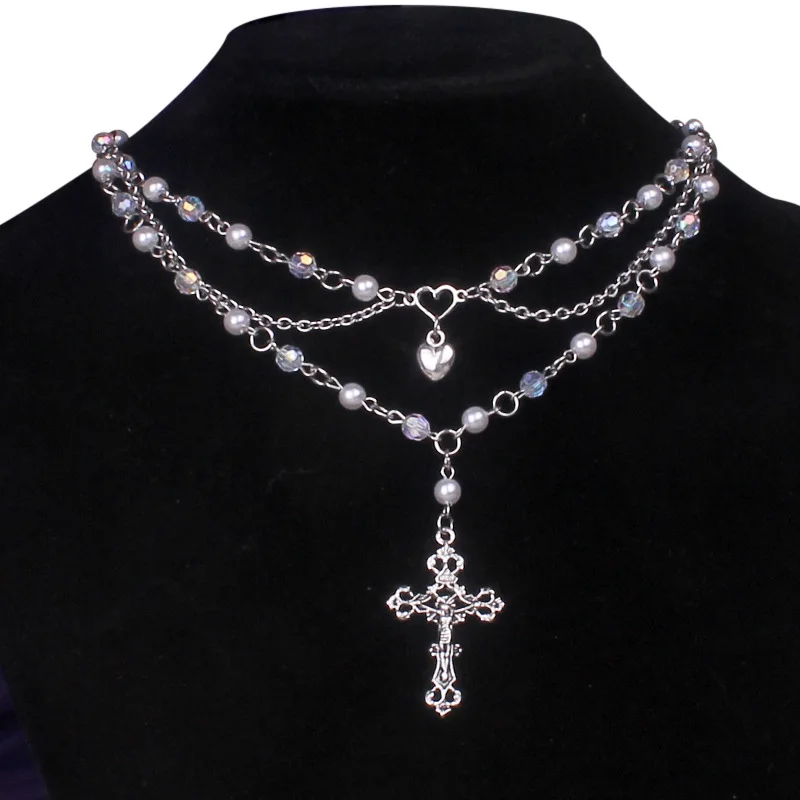 Goth Heart Cross Cute Pendant Pearl Necklace Indie Goblin Core Goth Egirl Aesthetic Coquette collar Y2k Stainless Steel Jewelry