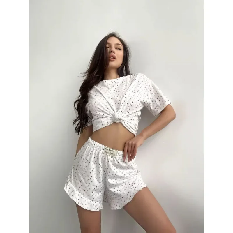

Cotton Blend Pajama Sets Round Neck Tee Ruffled Shorts European Style Sleepwear Suit Sexy Casual Homewear 2pcs Suits for
