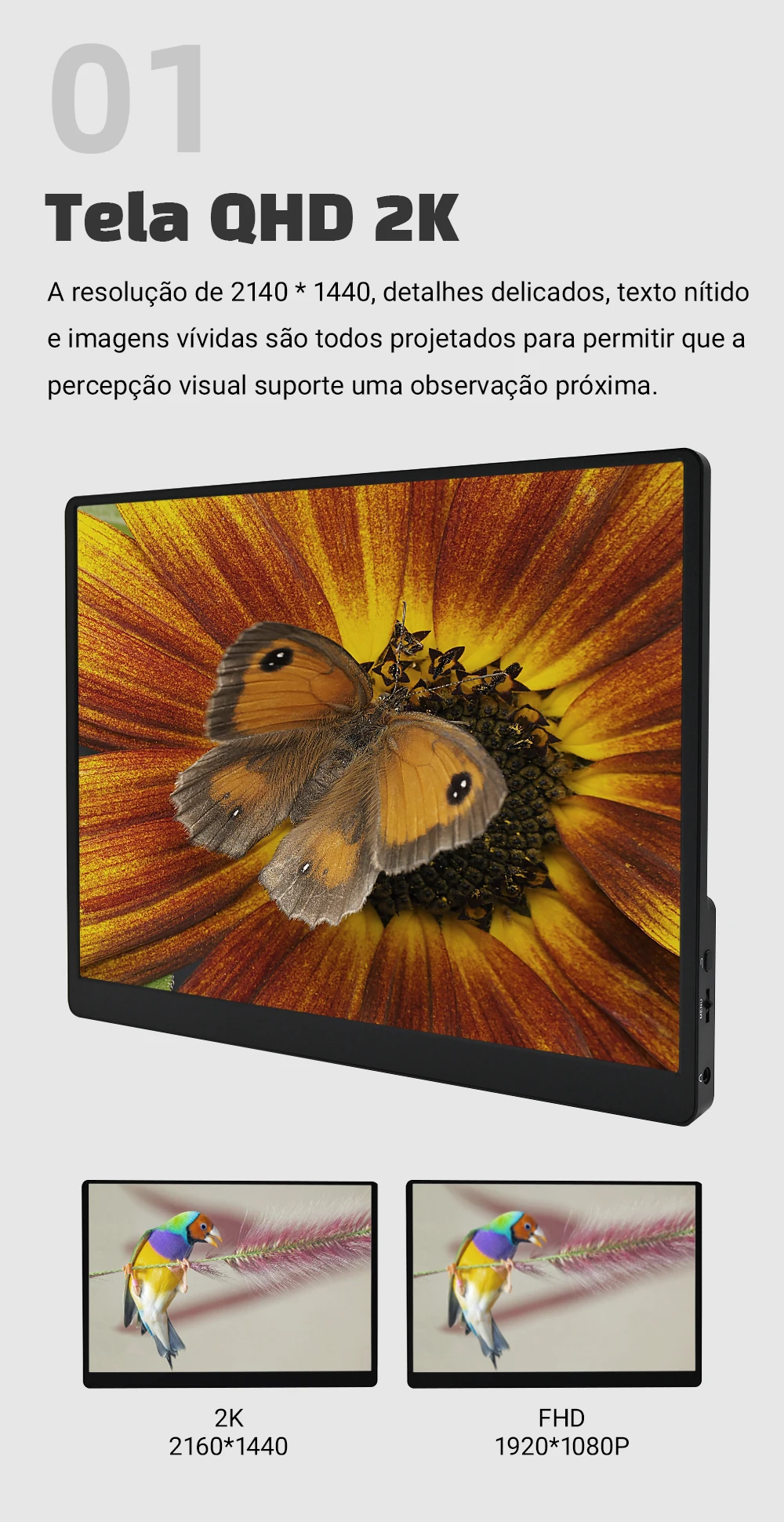 شاشة Portátil ZSUS 2K de 14 Polegadas (2160 × 1440) 60 هرتز للكمبيوتر المحمول، XBox، PS4/5، Switch، Caixa de TV، Celular e PC – Expansã