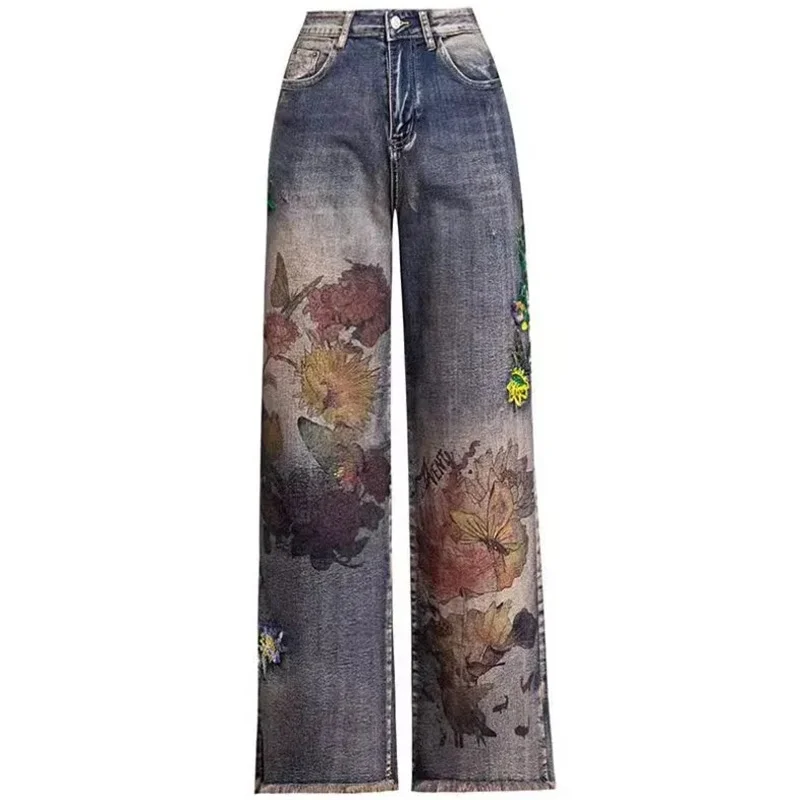 High-Grade Printed Embroidered Jeans Women's New Plus Size Denim Pants High Waist Slim Loose Flower Temperament Wide-Leg Pants