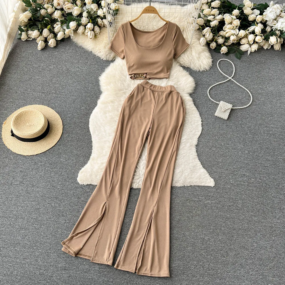 

New Fashion Suits Women Summer Short Sleeve Chest Pads Short Tops + Loose Wide Leg Split Flared Pants Two-piece Sets J679