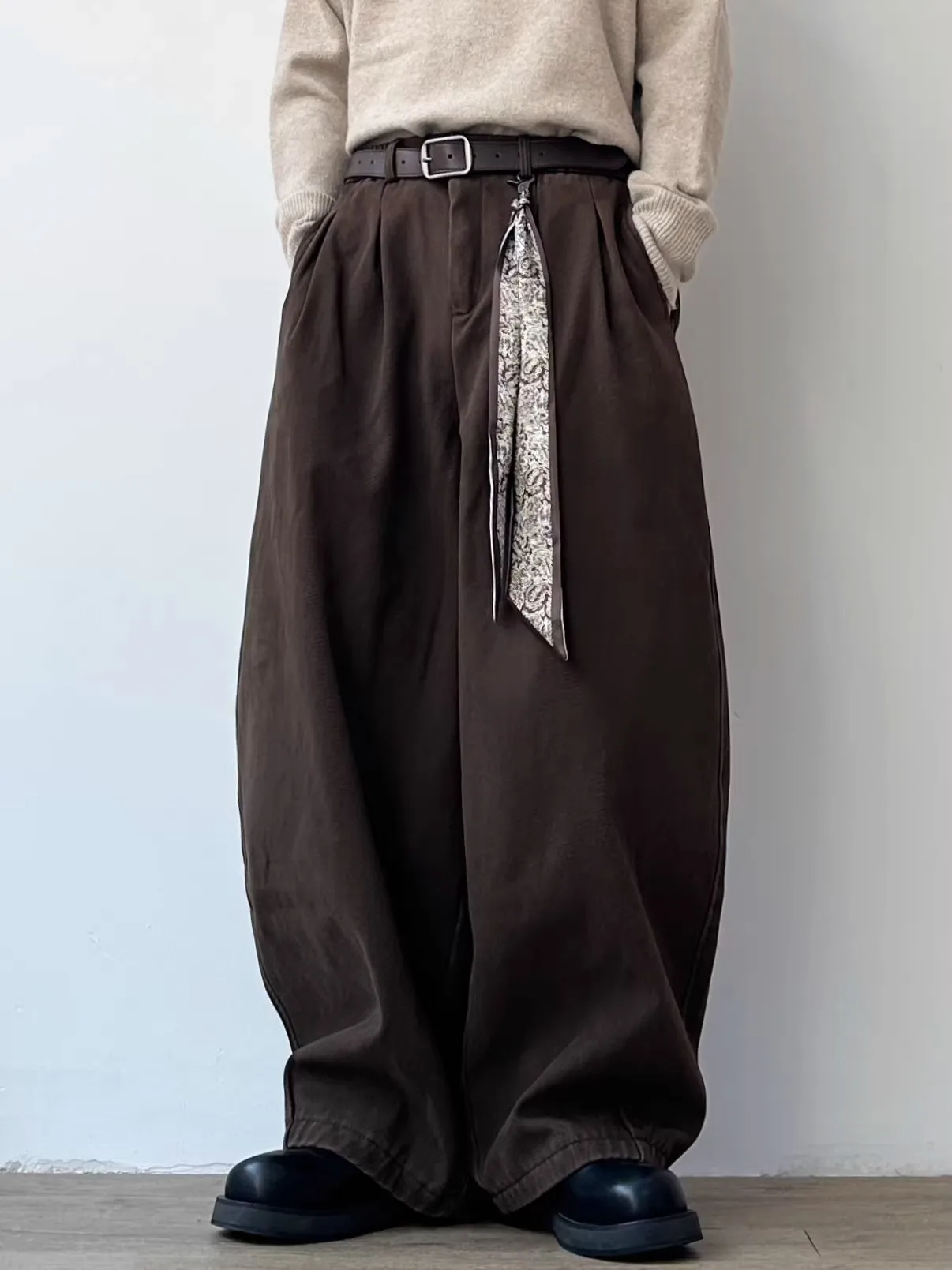 

Ретро-японские повседневные широкие брюки свободного кроя с отстегивающимся шарфом, длинные брюки с декоративным элементом, новая модель для весны и осени