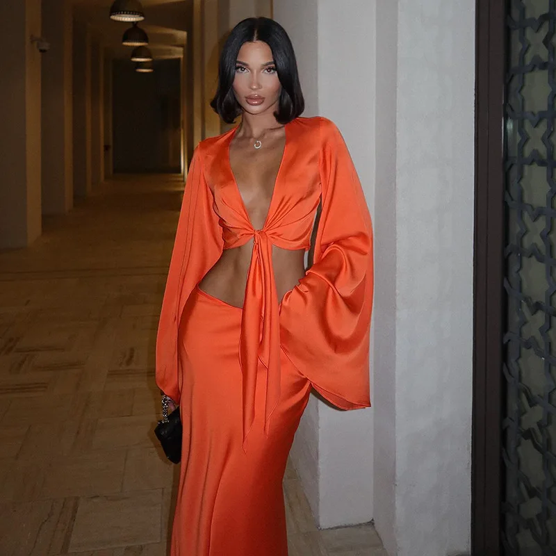 

Sexy Orange Satin Two Piece Set Women Chic Flare Sleeve Top High Waist Maxi Skirt Suits Summer Elegant Vacation Outfits