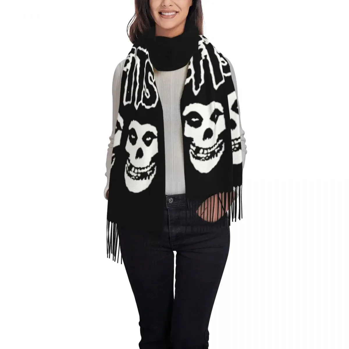 Custom Lady Large Horror Punk Rock Misfits Skull Scarves Women Winter Fall Thick Warm Tassel Shawl Wraps Scarf