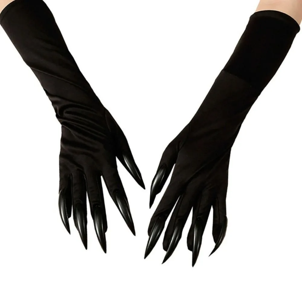 

Черные перчатки для макияжа на Хэллоуин, черные перчатки для ногтей, полный палец, забавные перчатки с призраком, кошкой и лапой демона, эластичные женские длинные варежки, косплей