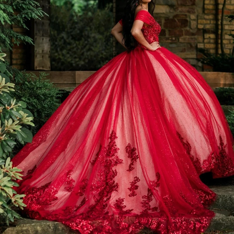 Roter Glitzer Kristall Pailletten Quince anera Kleider Ballkleid von der Schulter Applikation Spitze Perlen Tull Korsett Vestidos de XV Año