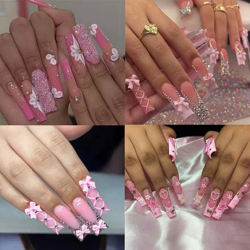 24 Stück verlängerte quadratische Kopfmode mit Diamanten, süße Nägel zum Aufdrücken, Schmetterlingsblumen, Ins-Style-Nagelflicken, Nagelkunst, künstlicher Nagel