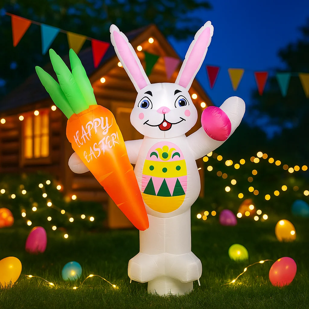 6FT Happy Easter Luchtgeblazen Opblaasbaar Konijn Wortel Decor Ingebouwde LED-verlichting Feestelijke Tuin Paasvakantie Decoraties Ornament
