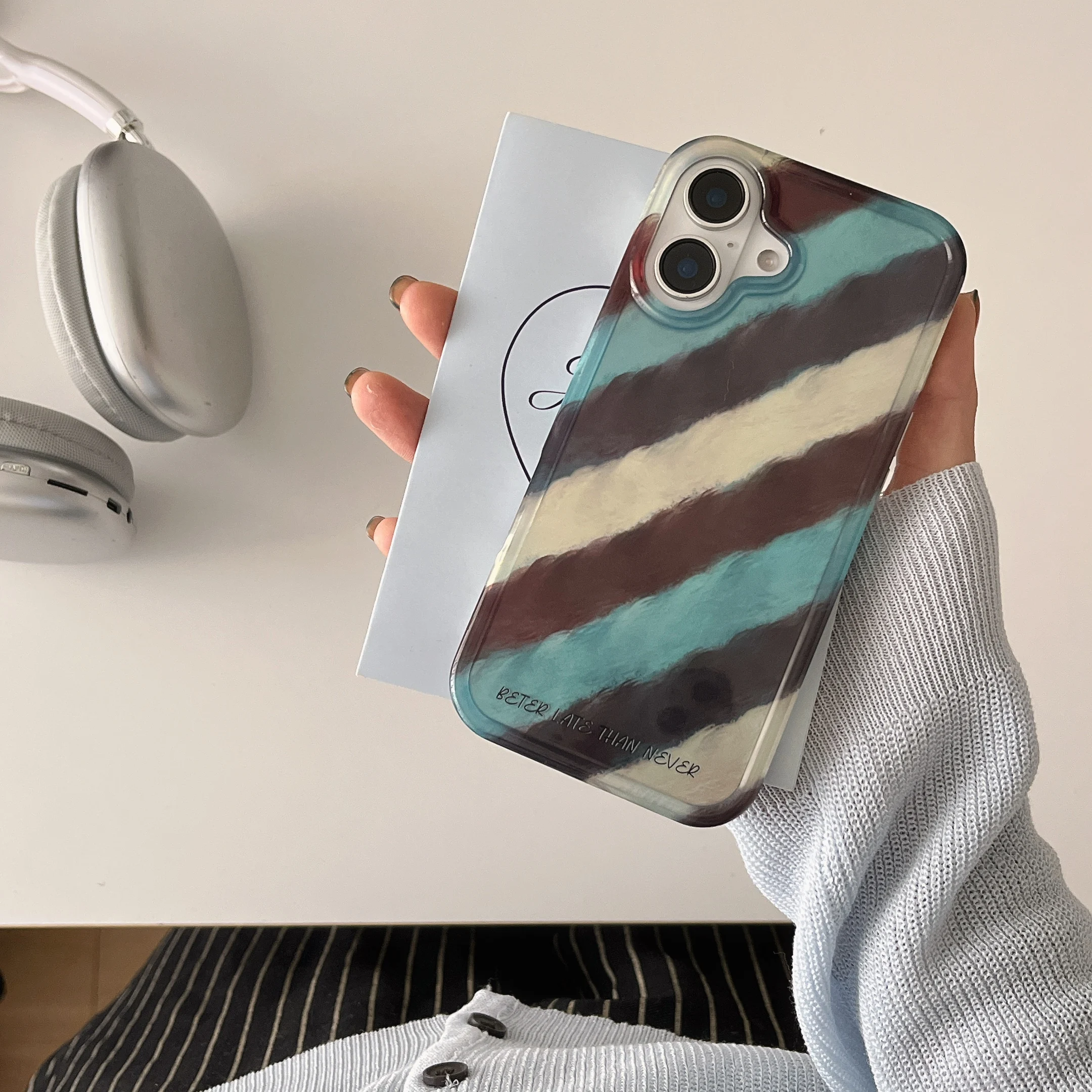 Creative INS Ripple Texture Diagonal Lines Two-layer Chic Phone Case for iPhone 16 15 14 13 Pro Max Back Phone Cover Capa