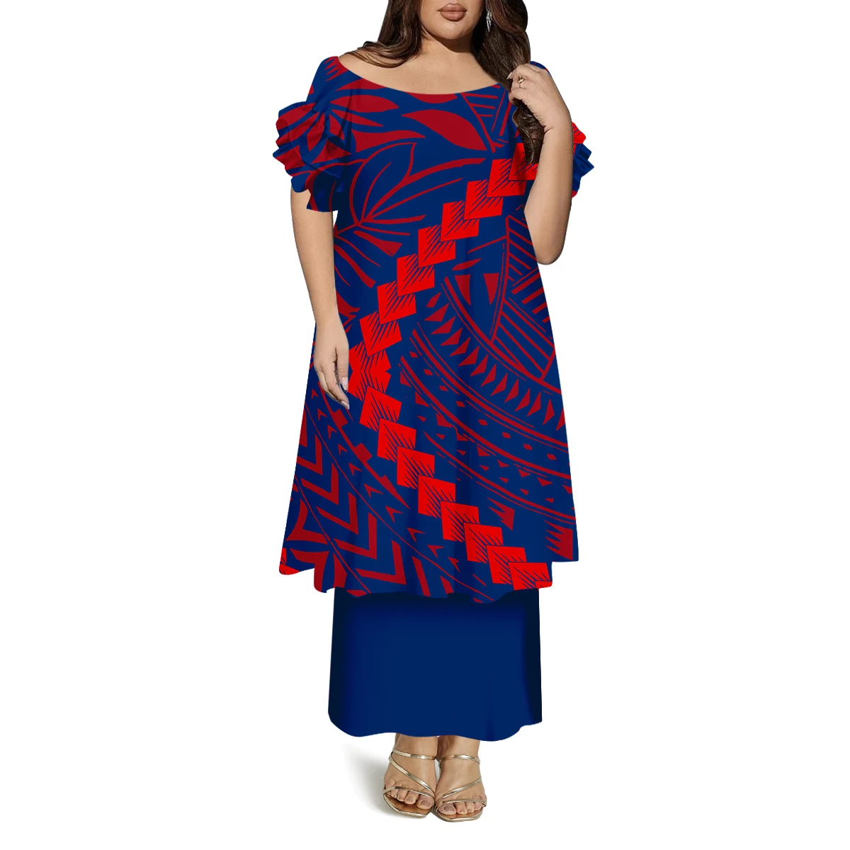 Polinésia senhoras moda em torno do pescoço manga borboleta verão vestido solto casual personalizado vestido de dupla camada padrão