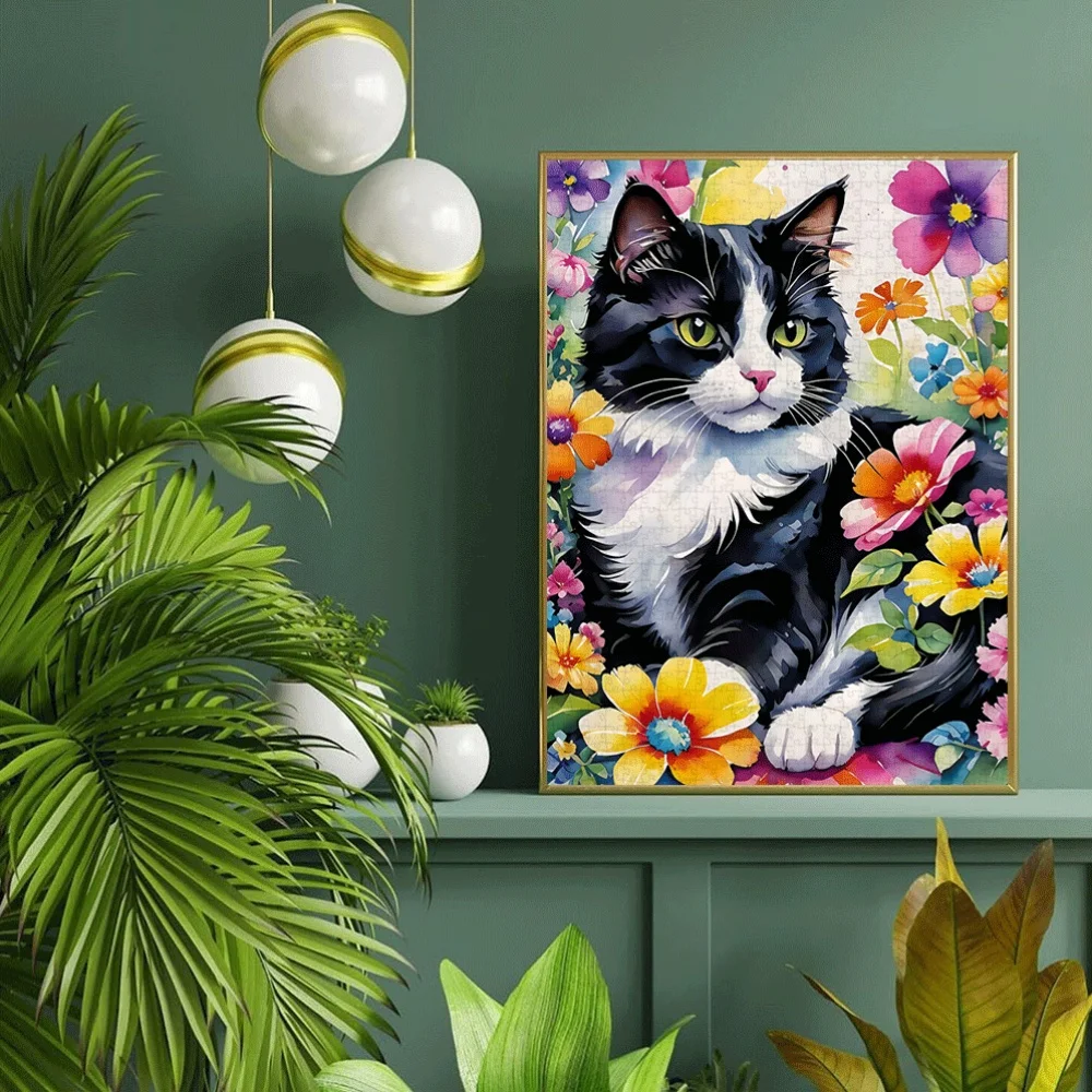 Puzzle dla dorosłych z motywem kota akwarelowego wśród kolorowych kwiatów, gra intelektualna, zabawka dekoracyjna do domu i na czas wolny.