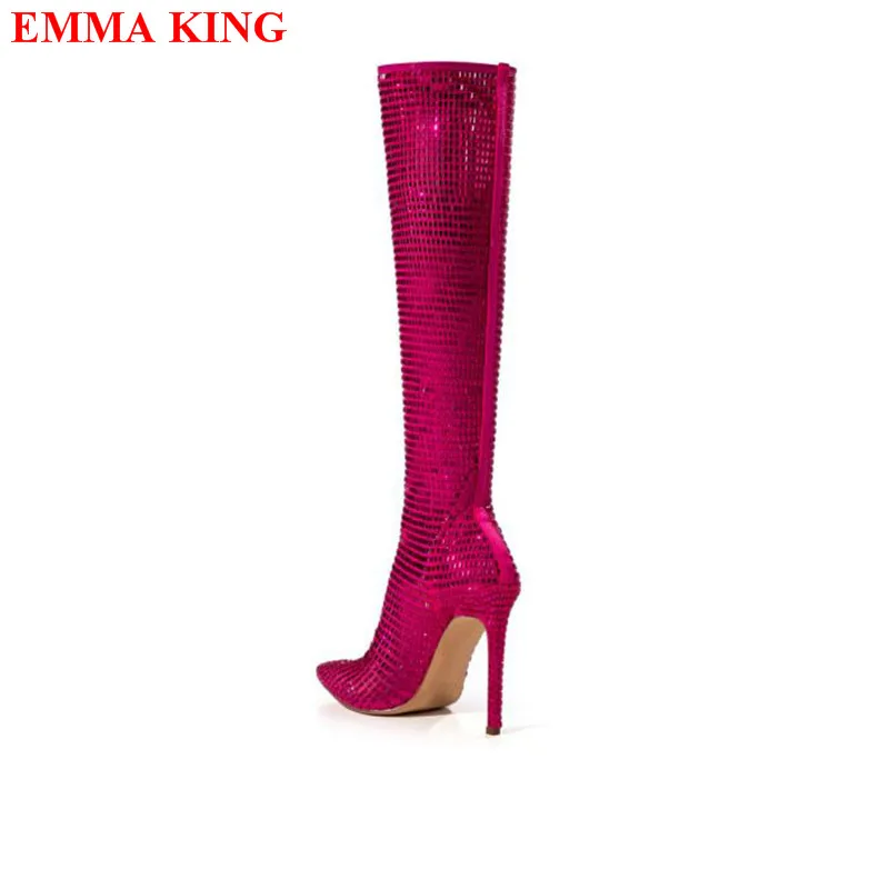 أزياء النساء حجر الراين حذاء برقبة للركبة الفاخرة مصمم أشار تو أحذية الحفلات الشتاء الخريف عالية الكعب أحذية بوتاس دي Mujer