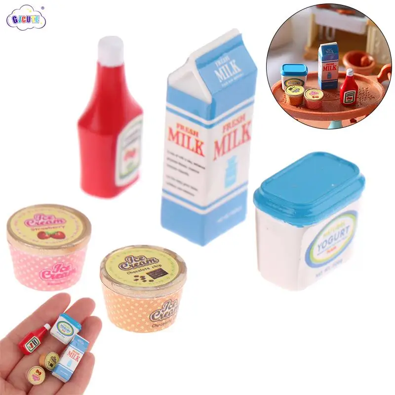 5Pcs/Set 1:12 Dollhouse Tomato Sauce Iced Yogurt Miniature Food Toy Model Dolls Kitchen Decoration Accessories Toy