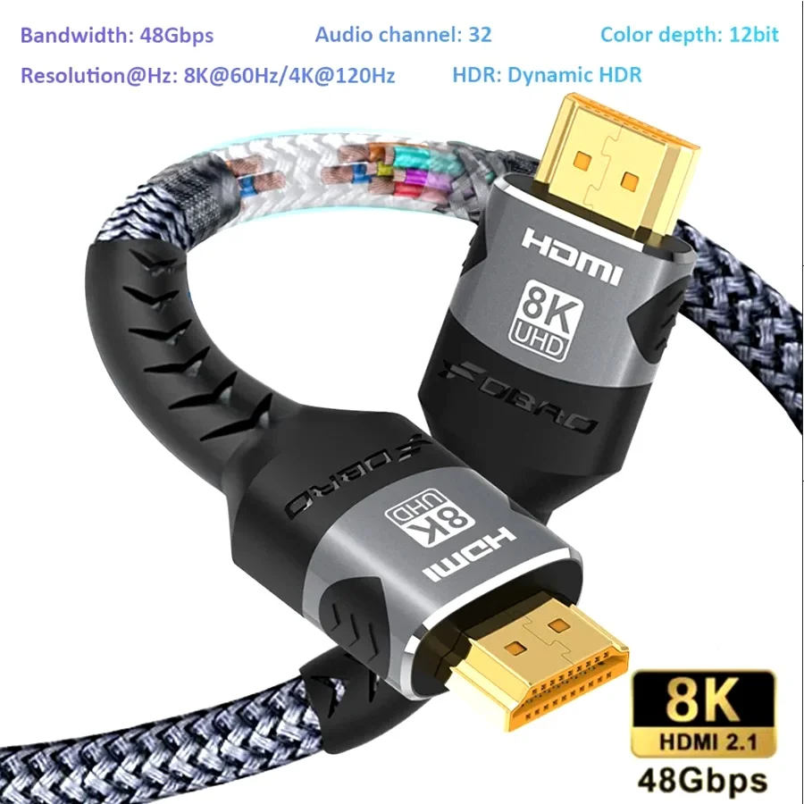 8K HDMI Cable 2.1 48Gbps  High Speed HDMI Braided Cord-4K@120Hz 8K@60Hz, DTS:X, HDCP 2.2 & 2.3, HDR 10 for Compatible Laptop/PS5