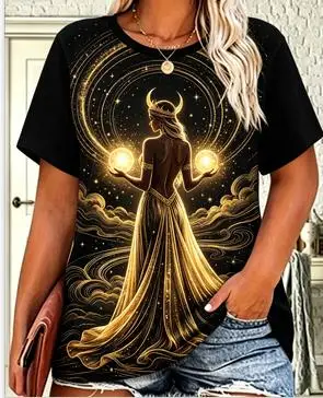 Women Golden Moon Goddess Graphic T‑Shirt Celestial Star Sky Mystic Witch Casual Short Sleeve Tee Top