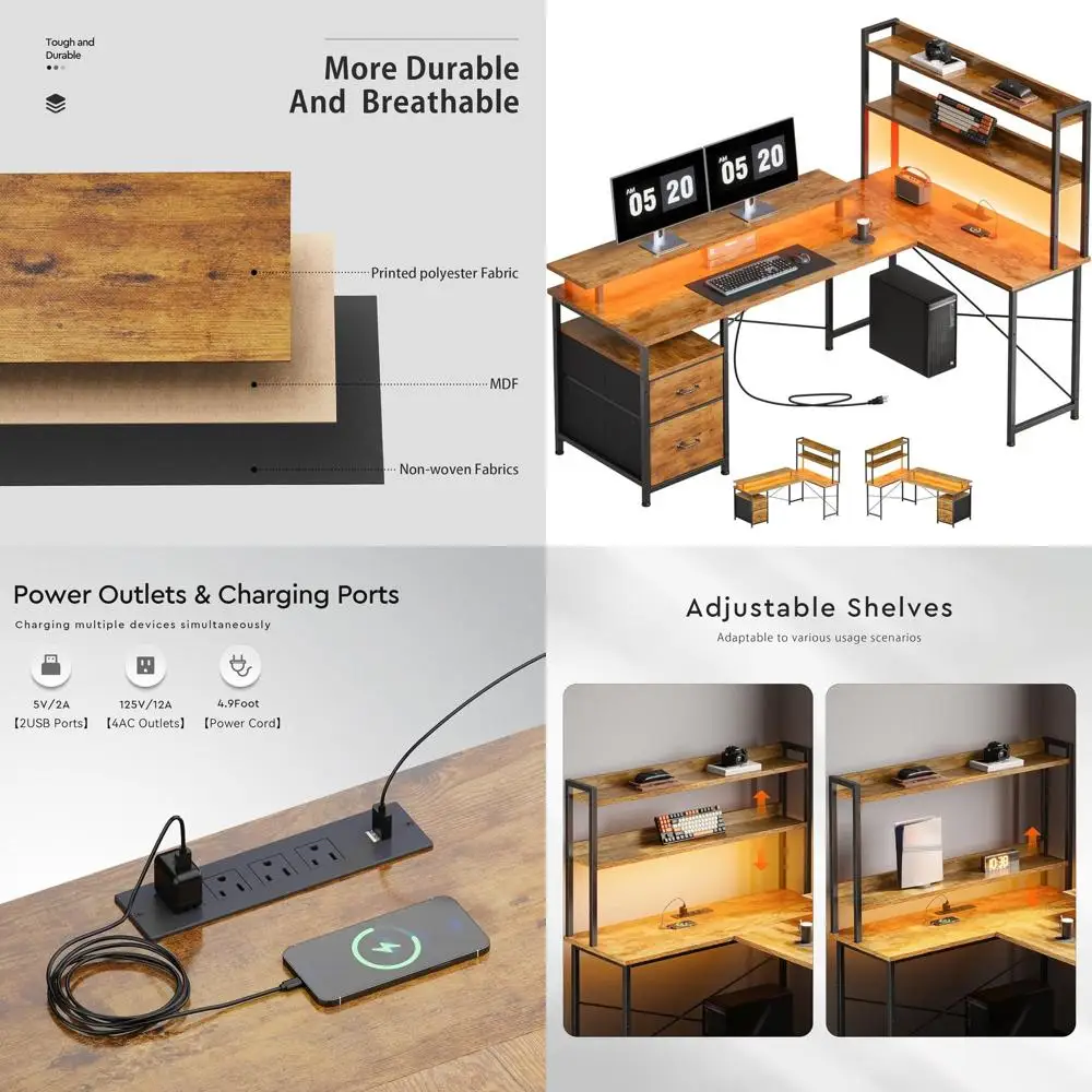

Reversible LED-lit Desk with Charging Port and Corner Shelf for Home Office, Brown