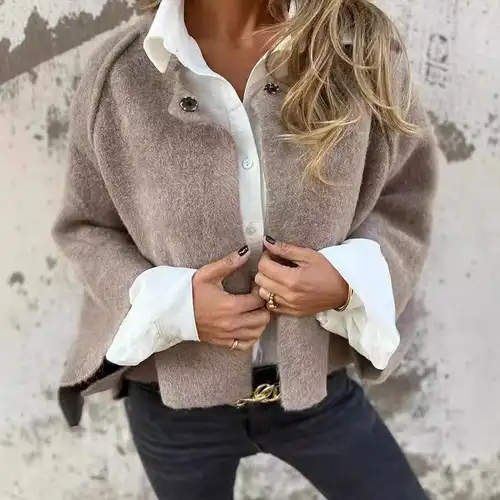 여성용 울 혼방 짧은 코트, 루즈 긴팔 단색 재킷, 가을 겨울  Best5