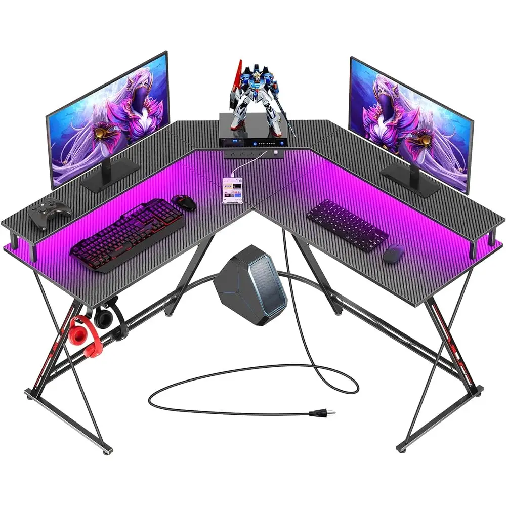 

L Shaped Gaming Desk With Led Lights & Power Outlets, 50.4” Computer Desk With Monitor Stand, Corner Desk With Carbon Fiber