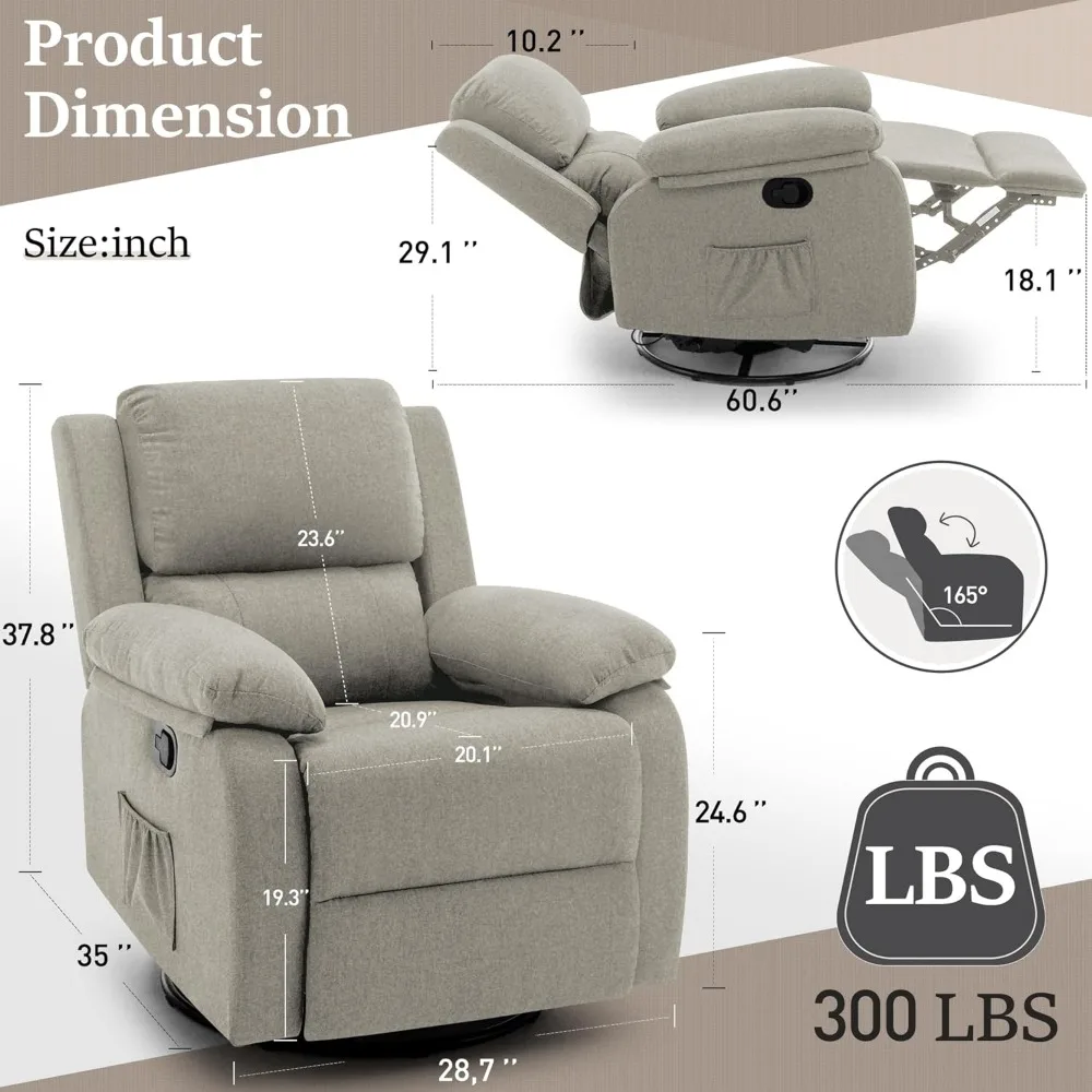 Recliner Chair, 360 Swivel Rocker Chair for Adults, Small Rocking Recliner Chair for Small Spaces, Upholstered Fabric Glider Rec image 2