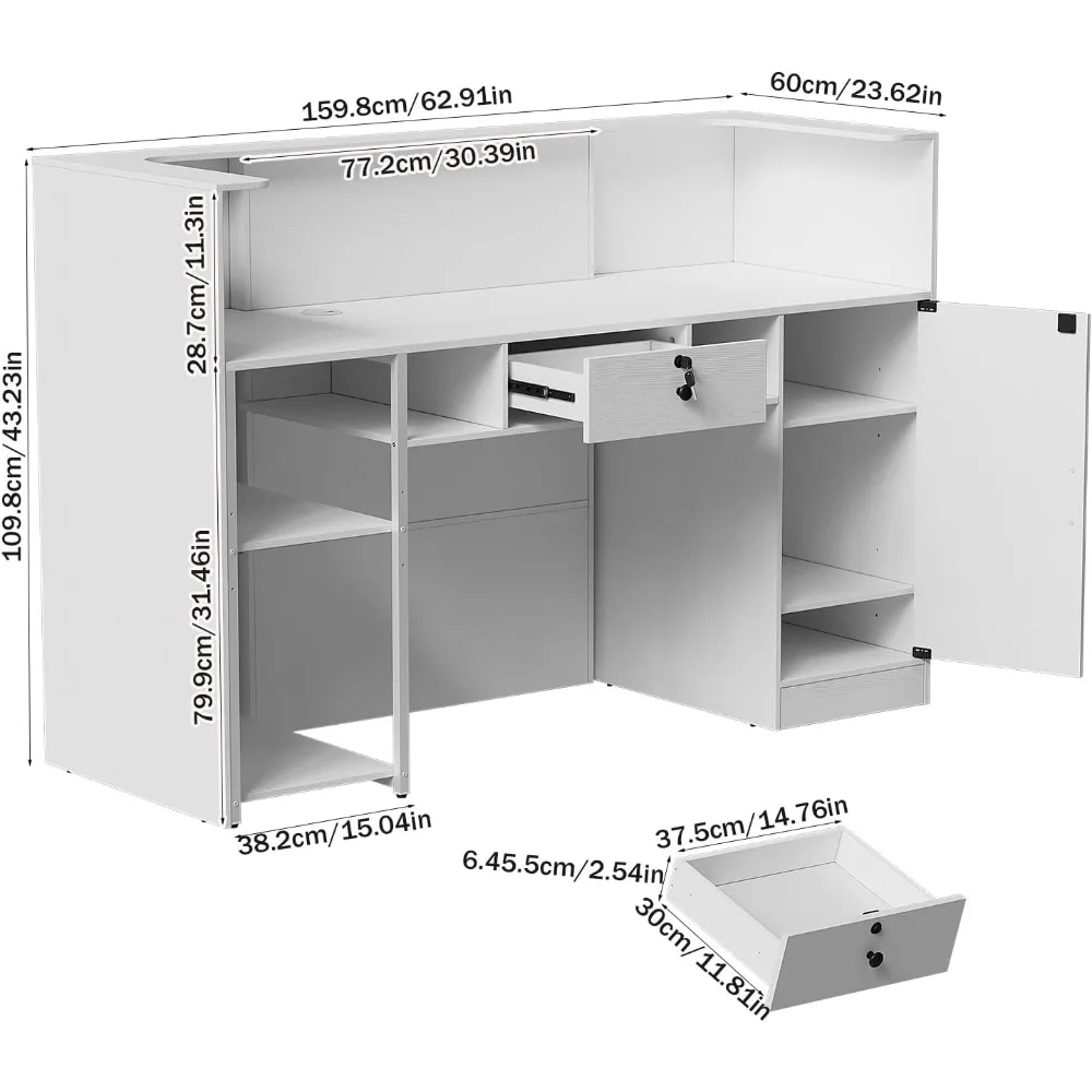 63-дюймовый приемный стол, стойка регистрации со светодиодной подсветкой RGB, современная стойка регистрации со стойкой, запираемым ящиком и открытыми полками,